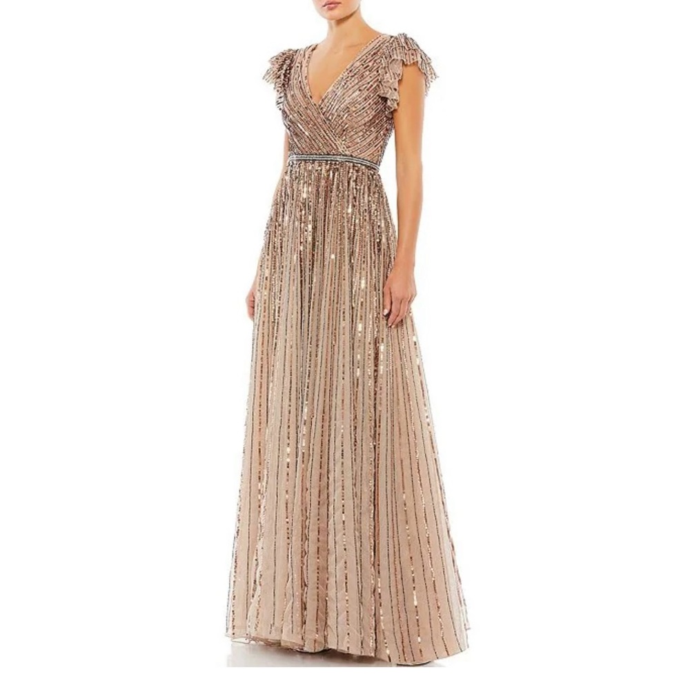 Mac Duggal 5502 Copper Sequined Wrap Over Flutter Cap Sleeve Gown Sz 12 $698